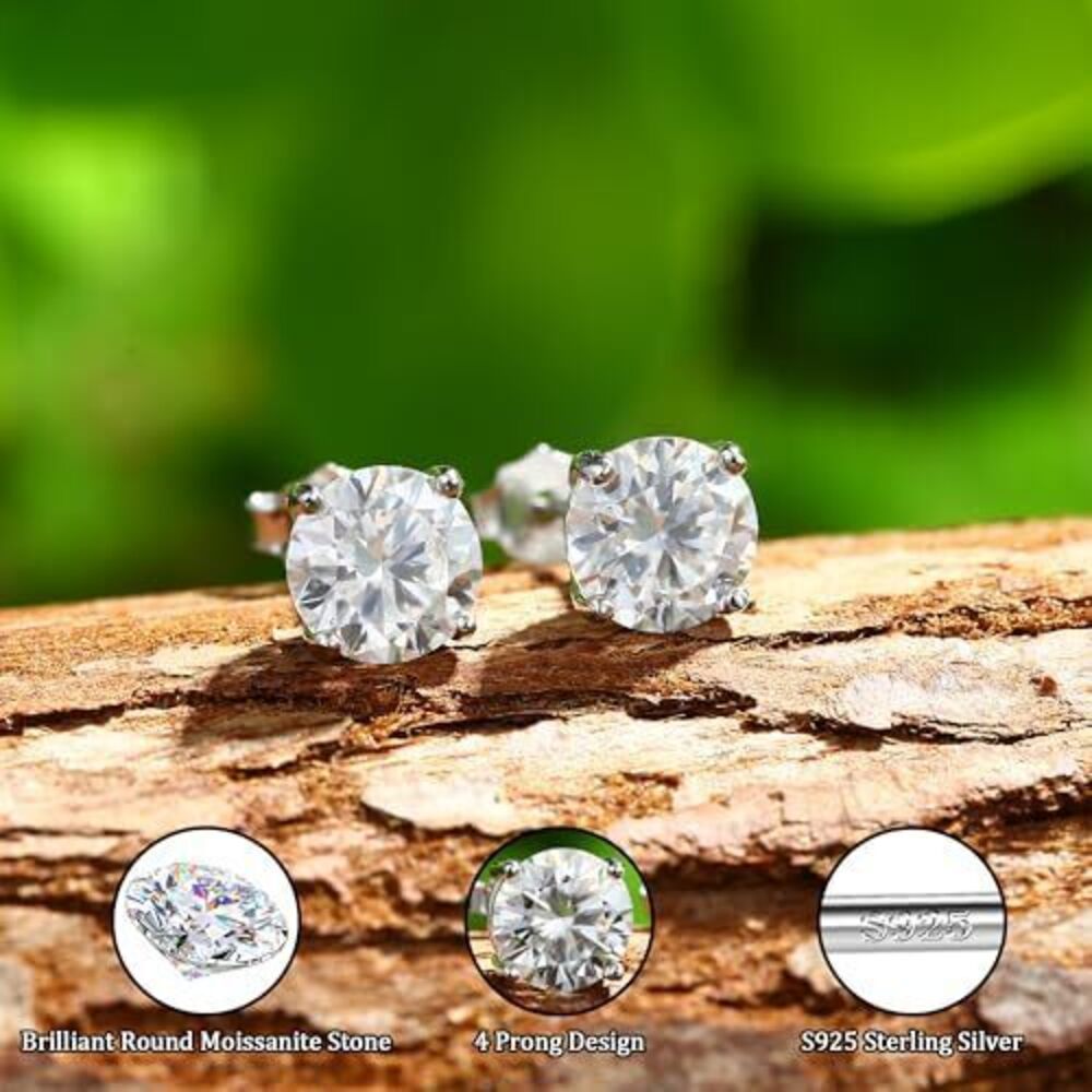 2702 Moissanite Stud Earrings : 18K White Gold Plated Solid 925 Sterling - Picture 5 of 7